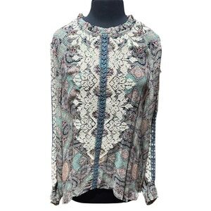 Sundance Bohemian Paisley Embroidered Cupro Blouse Ruffle Keyhole Back Size M